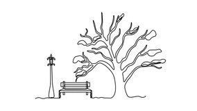 Abstract outdoor park bench two Street Lamps lantern and sprawling branching tree without leaves in winter with snow . Self drawing animation one continuous line draw, logo on white background - Powered by Shutterstock - Get 15% off with code: PIKWIZARD15