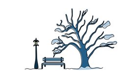 Abstract outdoor park bench two Street Lamps lantern and sprawling branching tree without leaves in winter with snow . Self drawing animation one continuous line draw, logo on white background - Powered by Shutterstock - Get 15% off with code: PIKWIZARD15