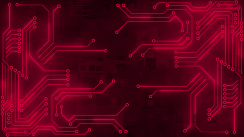 Animated Magenta red color abstract shapes forming cyberspace glowing circuit board design digital loop able technology background