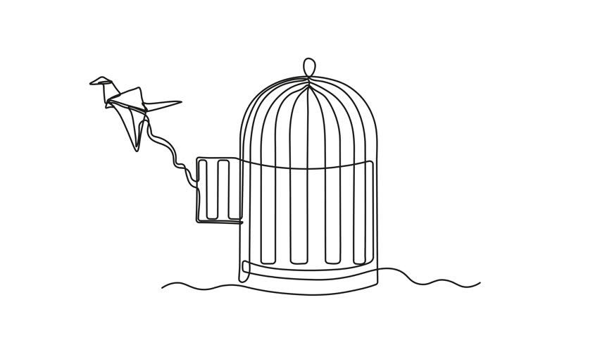 Self drawing animation one continuous line draw, logo on white background. abstract origami paper bird flies out of cage, birdcage