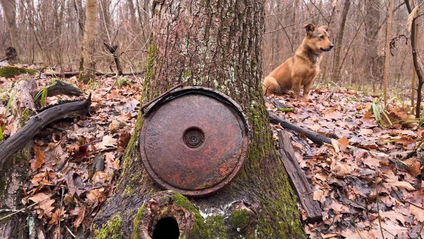 old anti-tank mine over a trench, in the forest near Kharkov, Ukraine. During World War II there were battles with the German occupiers, and now with the Russian ones.