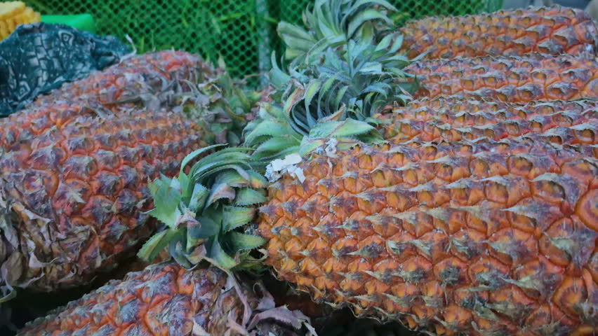 Ripe pineapples are displayed for sale with fresh green leaves intact, indicating quality and freshness.