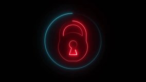 Animated red neon padlock icon with a rotating cyan circle flicking loop, symbolizing a digital security check, verification status, or data protection process - Powered by Shutterstock - Get 15% off with code: PIKWIZARD15