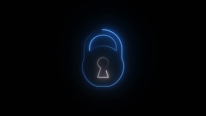 Glowing blue neon padlock icon on a black background, symbolizing digital security, data protection, privacy, or website access control - Powered by Shutterstock - Get 15% off with code: PIKWIZARD15