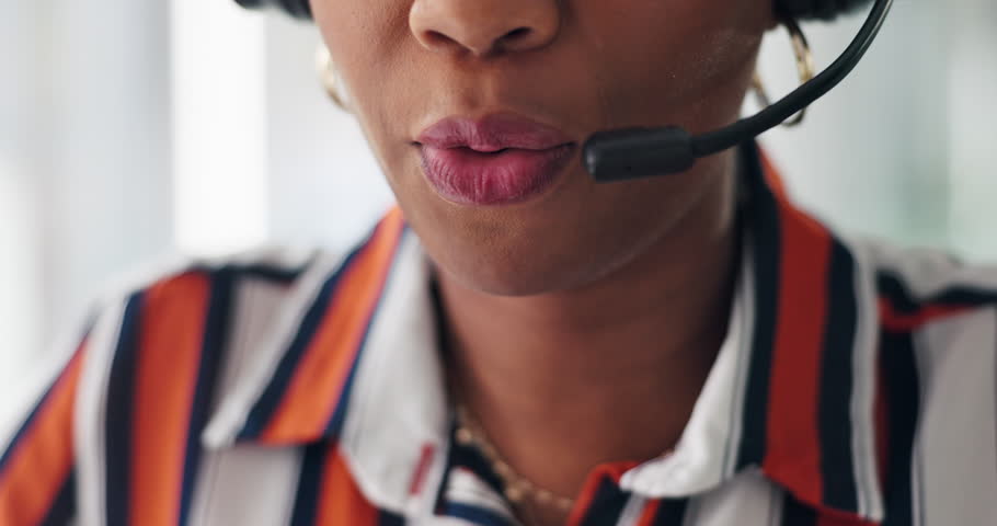 Mouth, mic and talk at call center with consulting, advice or contact us for customer support at office. Person, agent and voip tech with headset for communication, solution and help desk at company