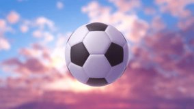 Classic black and white soccer ball spinning in slow motion against a dreamy sunset sky of pink, orange and blue clouds, evoking sport, motion and victory. 3d loop animation 4k - Powered by Shutterstock - Get 15% off with code: PIKWIZARD15