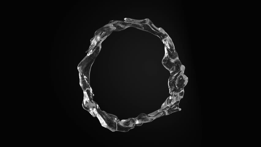 Realistic circular water splash forming a transparent rotating ring in slow motion on black background, pure dynamic fluid motion. 3d loop animation 4k