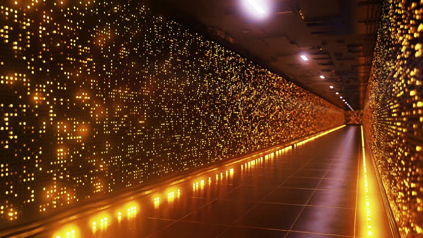 Golden lights illuminating modern data center corridor, revealing intricate network infrastructure with mesmerizing technological elegance and futuristic design perspective