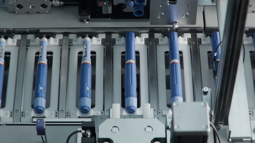Top view of Medical Injector Pens on Conveyor Line during Production Process at Modern Pharmaceutical Factory. Weight Loss Medication Manufacturing. Medicinal Drug Production Plant. 