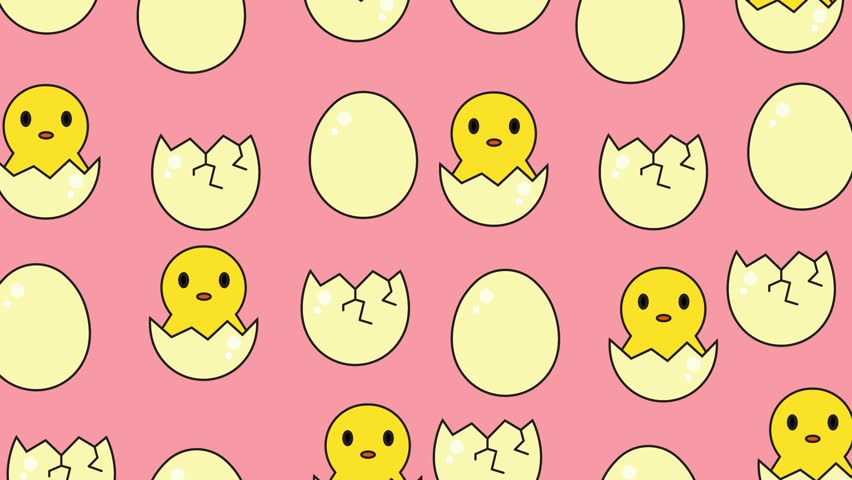 A repeating pattern of cute chicks hatching from eggs and whole eggs on a pink background. Perfect for Easter or springtime designs.