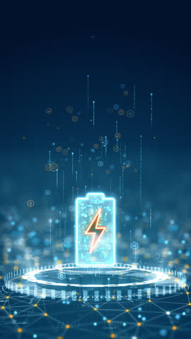 Motion graphic of a glowing battery icon with electric symbol, representing energy storage, tech power, and digital efficiency in vertical format.