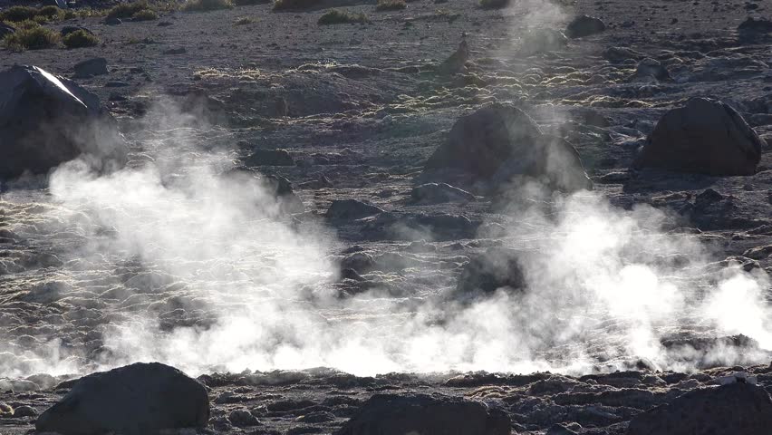 Geysers and steam rise in Yellowstone National Park during a cloudy day