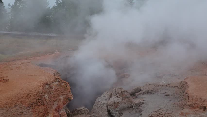 Geysers and steam rise in Yellowstone National Park during a cloudy day'