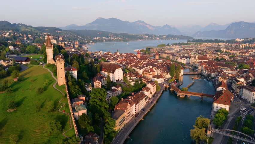 Aerial View of the Scenic City of Lucerne, Switzerland Captured at Sunrise
