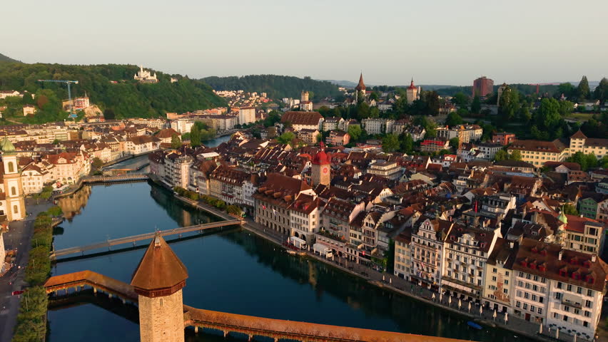 Aerial View of the Scenic City of Lucerne, Switzerland Captured at Sunrise