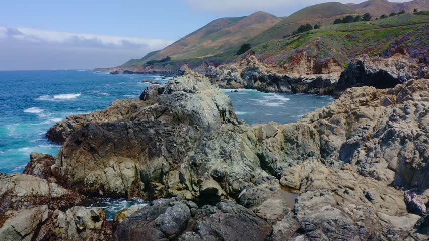 Big Sur California USA video footage of rugged Pacific coastline along Highway 1 with dramatic rocky cliffs, crashing ocean waves, and scenic seascape view of the wild California coast