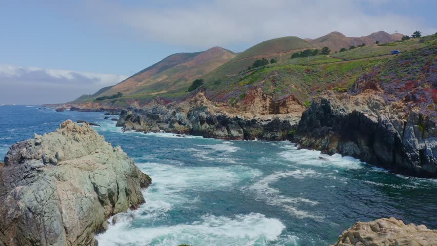 Big Sur California USA video footage of rugged Pacific coastline along Highway 1 with dramatic rocky cliffs, crashing ocean waves, and scenic seascape view of the wild California coast