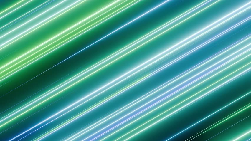 Seamless loop futuristic background with moving green and blue neon diagonal light streaks. Abstract animated texture with bright glow stripes in science fiction or computer technology style. 4K 60fps