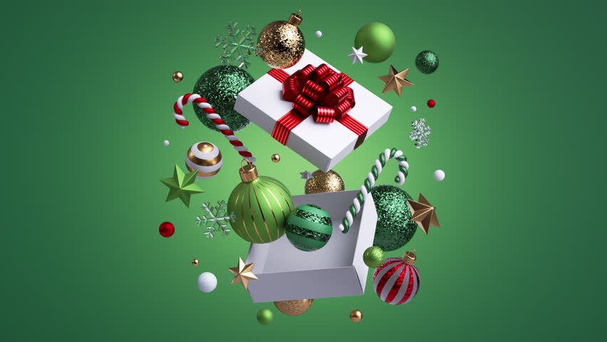 Two tiered presents launch baubles, stars, and sweets that fly in and click together, forming a festive composition with sparkle. 3d render animation.