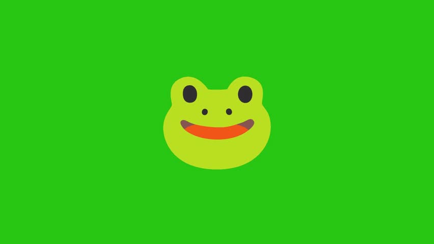 Green cartoon frog face graphic on a bright green background.