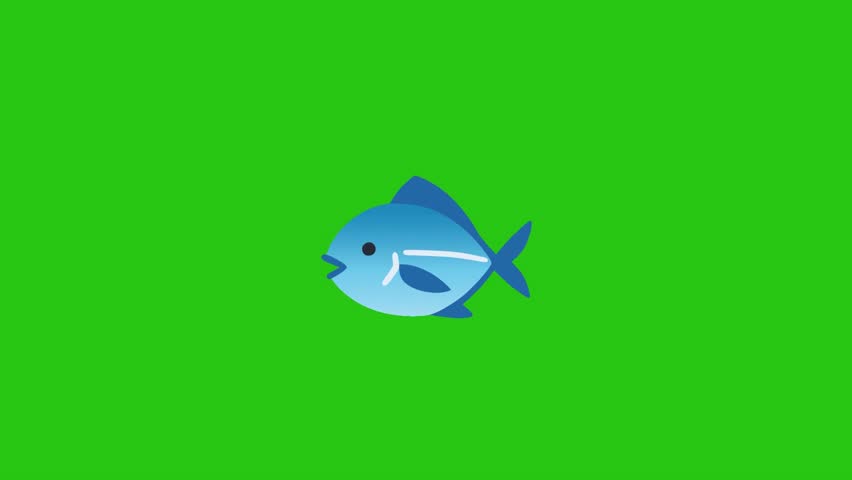 Isolated blue cartoon fish on a bright, solid green backdrop.
