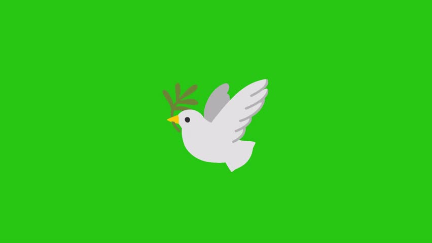 A white dove is depicted flying on a bright green backdrop.