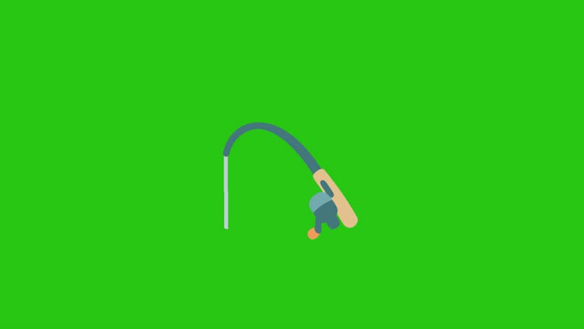 Cartoon fish happily caught on a fishing rod; isolated on green.