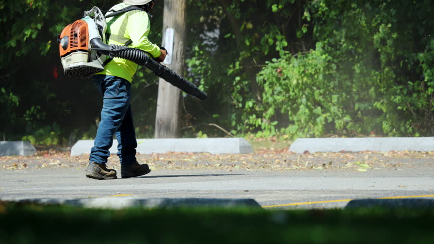 Worker using a leaf blower to clear fallen leaves and debris along edge of the street or parking lot. Dust and dry leaves swirl into the air as the blower operates.