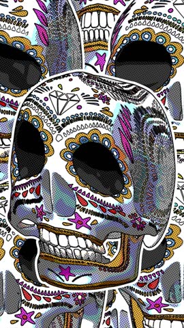 Seamless vertical video mexican sugar candy skulls printed drawn style cartoon. Hypnotic halloween background with comic halftone effect.