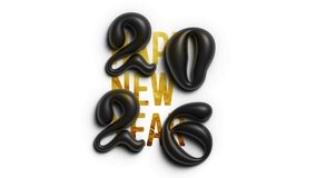 Horizontal 4K video. Animation with falling black plastic liquid hand drawn 3D numbers 2026 and golden glossy shining shiny text Happy New Year on white background. Winter holiday with bold font - Powered by Shutterstock - Get 15% off with code: PIKWIZARD15