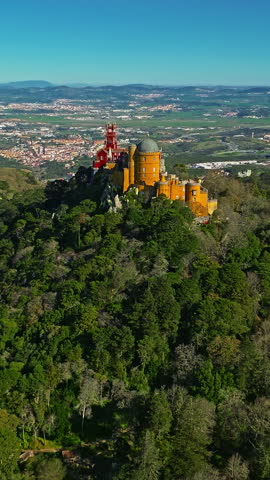  Aerial view of famous historic National Palace of Pena in Sintra, Lisbon, Portugal