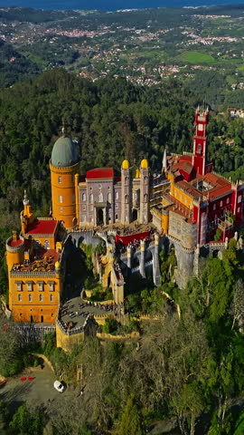  Aerial view of famous historic National Palace of Pena in Sintra, Lisbon, Portugal