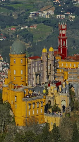  Aerial view of famous historic National Palace of Pena in Sintra, Lisbon, Portugal