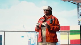 Woman on offshore platform deck using virtual reality tech to configure ship management systems for efficient oil extraction. Drilling rig ship worker doing seabed analysis using VR headset, camera B - Powered by Shutterstock - Get 15% off with code: PIKWIZARD15