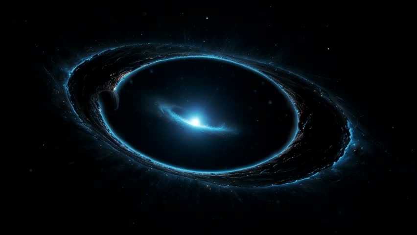 a black hole or similar massive cosmic object at the center, surrounded by a glowing, rotating accretion ring