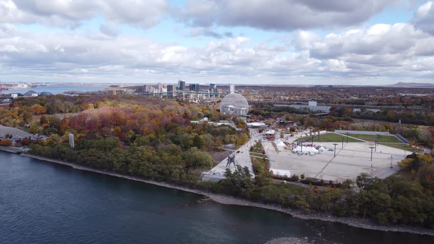 Amazing aerial footage above the Parc Jean-Drapeau and Biosphere in Montreal, Canada