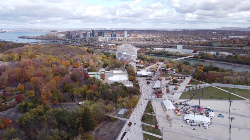 Mid-altitude aerial footage above the Parc Jean-Drapeau in Montreal, Canada