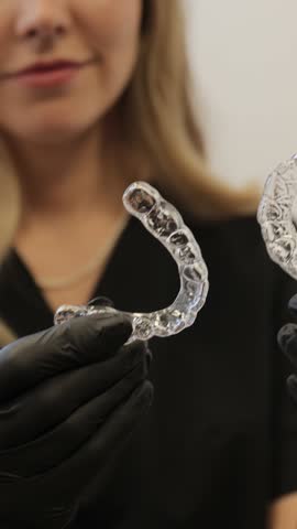 Smiling patient demonstrating transparent dental aligner fitting. Vertical video.