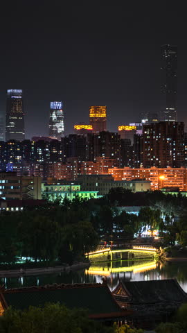 Time-lapse footage of Longtan Lake Park in Beijing, China, with the night view of the CBD core building cluster