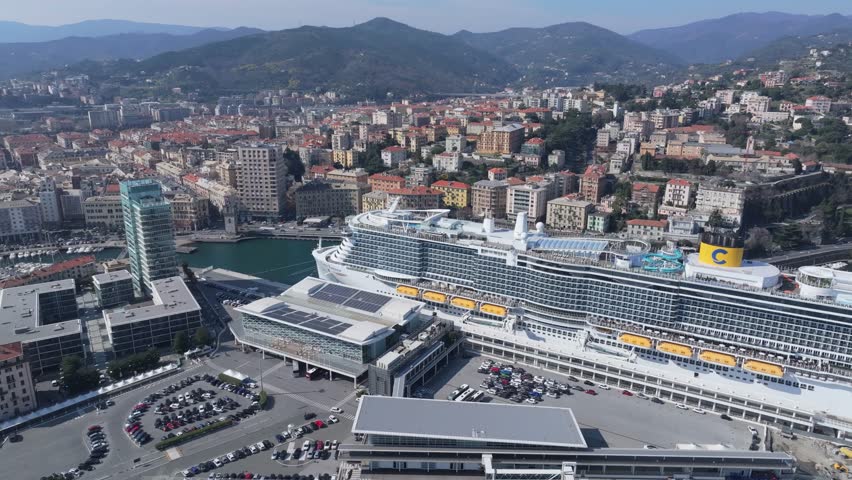Birds eye view of ocean liner, docked at Vado Ligure port, Savona, Italy.