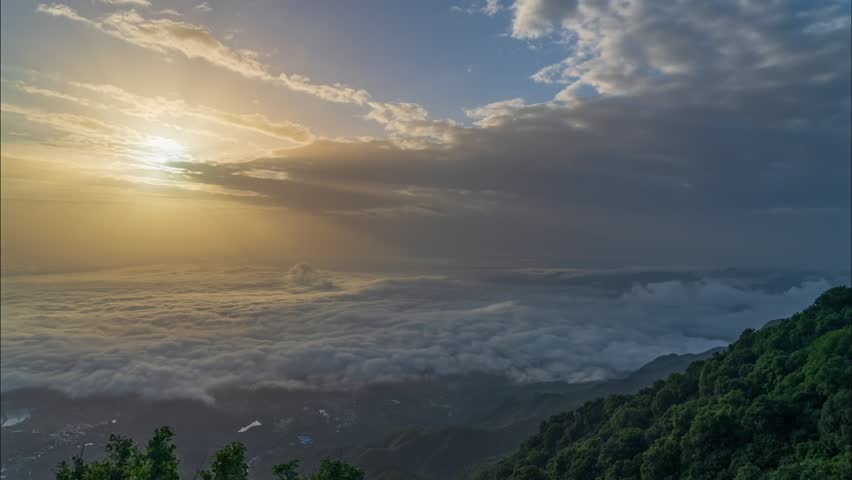 Beijing, China - 10th August 2024 - Overlooking sea of clouds on mountaintop of Beijing Mount Miaofeng at sunrise