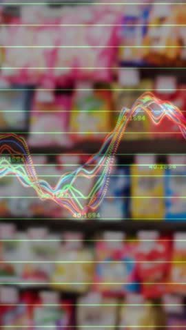 Animation of data processing against shelves with products at supermarket. Supermarket and retail business concept
