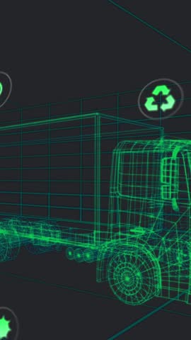 Animation of eco icons and data processing over 3d car technical drawing. Global eco car transport, engineering, business, finances, computing and data processing concept digitally generated video.