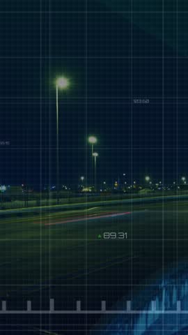 Animation of line graph with changing numbers over time-lapse of vehicles moving on bridge at night. Digital composite, multiple exposure, report, business, growth, abstract and technology concept.