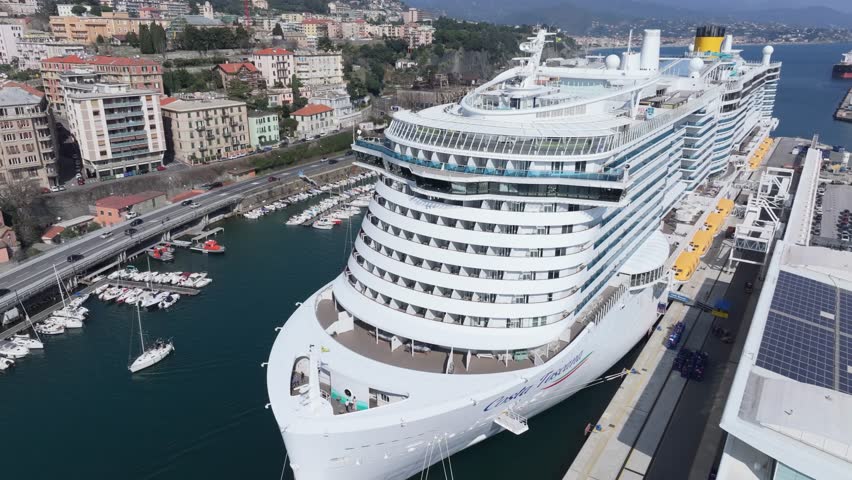 Drone view showing front of Costa Toscana, an excellence-class cruise ship in Italy.