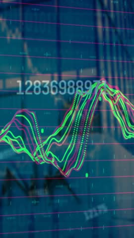 Animation of financial data processing over cityscape with modern office buildings. Global business, finance, computing and data processing concept digitally generated video.