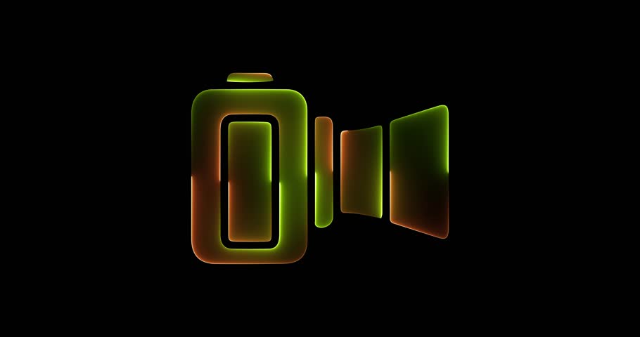 An orange and green video camera icon that glows against a black background