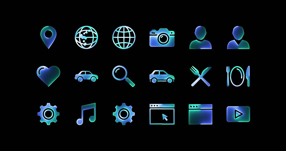 Different Orange and Green Icons on a Black Background: A Collection of Symbols