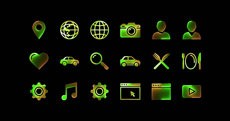 Different Orange and Green Icons on a Black Background: A Collection of Symbols