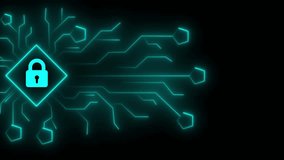 Teal Neon Padlock Icon on Circuit Board Lines on Black Background security cybersecurity - Powered by Shutterstock - Get 15% off with code: PIKWIZARD15